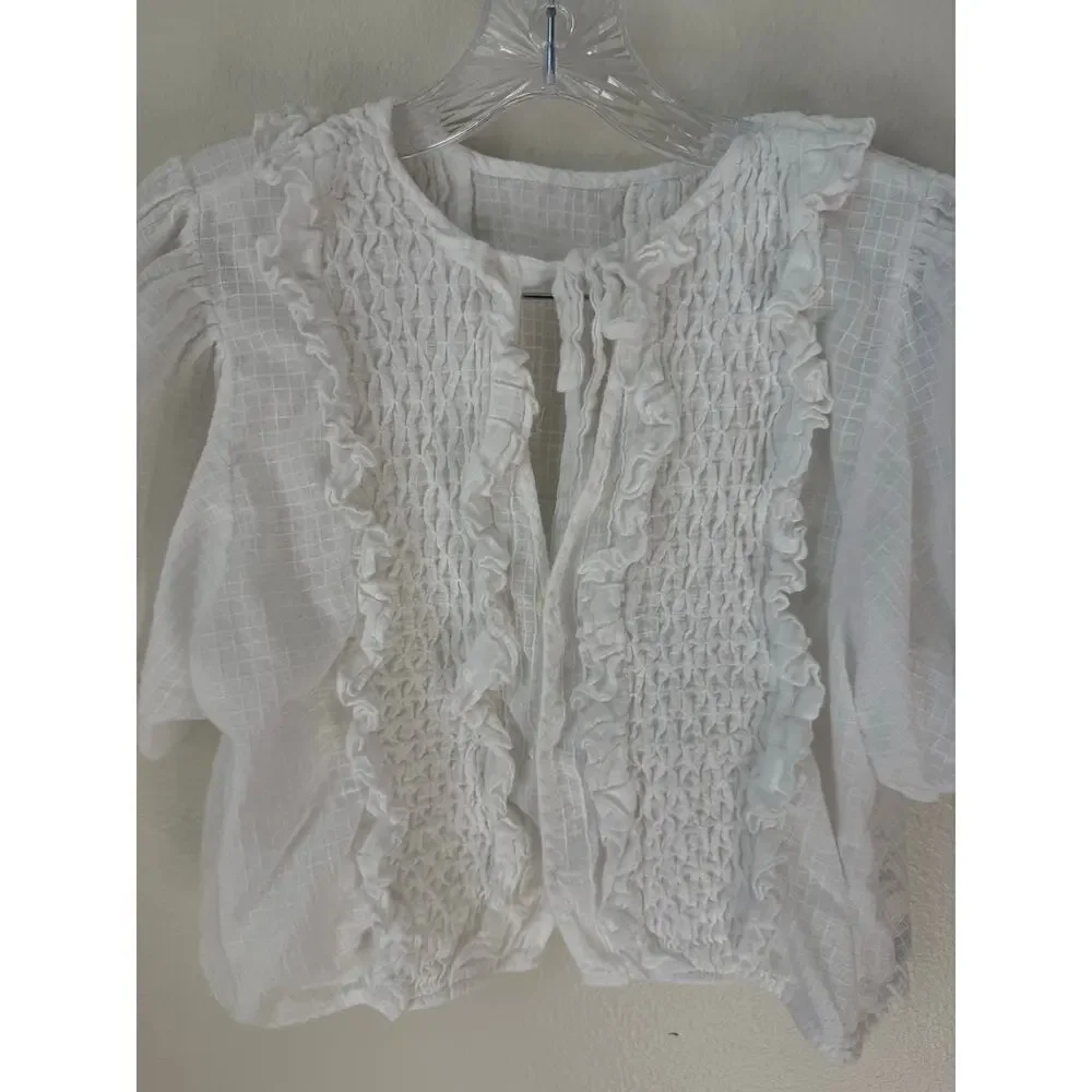 Innika Choo Smocked Ruffle Puff Sleeve Cutout Button Up Peasant Top - Picture 7 of 8